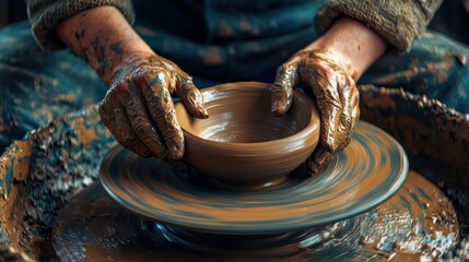 A close-up of an artist&acirc;&euro;&trade;s hands skillfully shaping clay on a pottery wheel, capturing the process of artistic craftsmanship