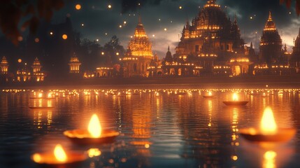 Fototapeta premium Diwali candles burning in water, with a backdrop of traditional Indian temples and warm, glowing lights.