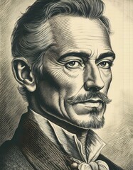 Retrato en blanco y negro de un hombre en estilo artístico de grabado y sombreado.