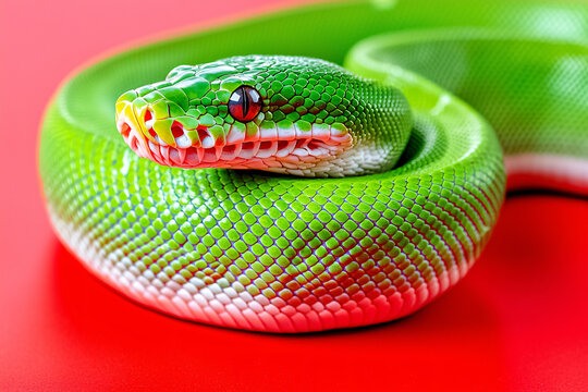 emerald green tree python coiled on minimalist red background