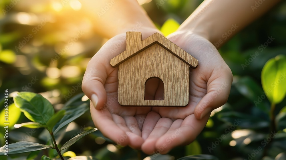 Wall mural two hands gently hold a wooden house