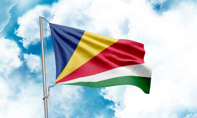 Seychelles flag waving on sky background. 3D Rendering