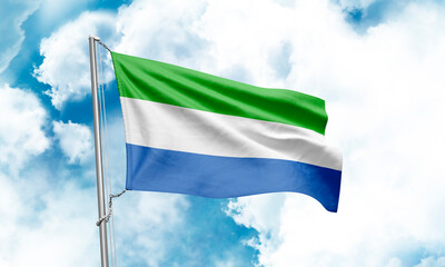 Sierra Leone flag waving on sky background. 3D Rendering