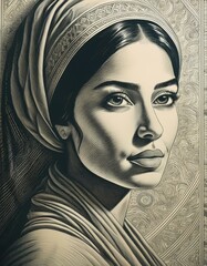 Retrato en blanco y negro de una mujer en estilo artístico de grabado y sombreado.