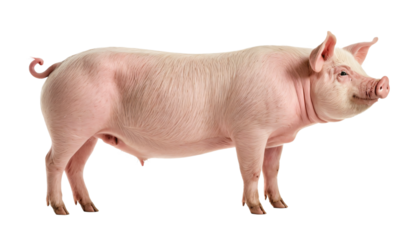 A pink pig stands upright on all four legs, facing right and slightly turned, against a white background, with its tail curled up and ears perked up, creating a striking visual effect