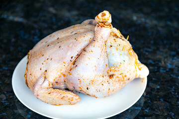 Rustic roast chicken stuffed with farofa