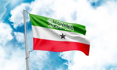 Somaliland flag waving on sky background. 3D Rendering