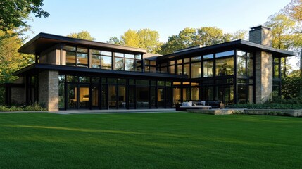 Obraz premium Large windows of a modern home reflecting light, with a spacious green lawn in the foreground, showcasing clean lines.