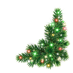 Christmas tree decoration. Holiday fir tree garland, festive corner. Winter season frame, realistic spruce branch with colorful red and green Christmas lights. Transparent background in vector file.