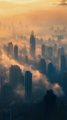 A cityscape at sunrise shows skyscrapers rising above thick, atmospheric fog. The golden light highlights the buildings, creating a serene, dreamlike effect with the mist weaving between structures.