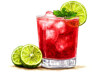 A refreshing red cocktail with lime slices and ice cubes.