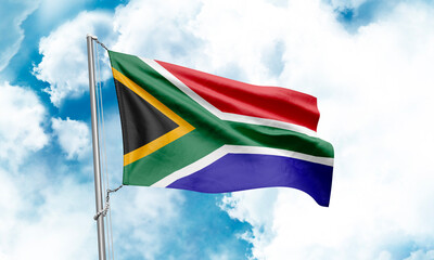 South Africa flag waving on sky background. 3D Rendering