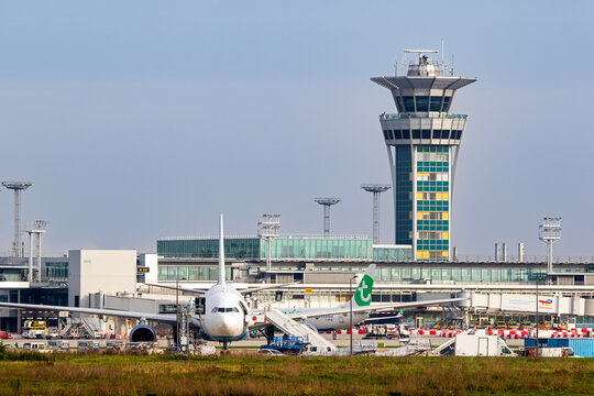 Planes and control tower at Paris Orly Airport. Paris, France - Oct 15, 2024