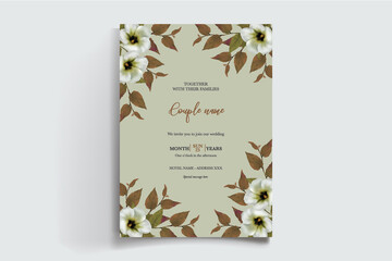 WEDDING INVITATION FRAME WITH FLOWER DECORATIONS AND FRESH LEAVES 