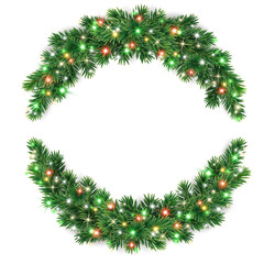 Christmas tree decoration. Holiday fir tree garland, festive Christmas frame. Winter season wreath, realistic spruce branch with glowing Christmas lights. Transparent background in vector file.