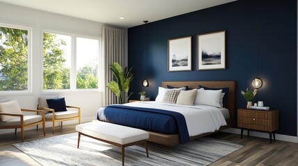 Modern bedroom interior with a bold navy blue accent wall and matching furnishings, creating a stylish and calming atmosphere.