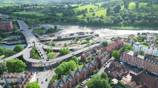 Low Angle of View of Buildings at Hotwells Central Bristol City of Southwest of England, United Kingdom. High Angle Footage Was Captured with Drone's Camera from Medium High Altitude on May 26th, 202
