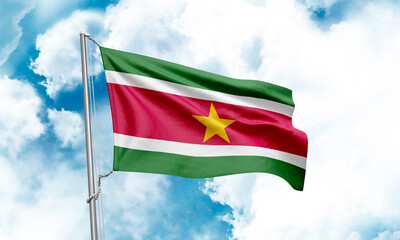 Suriname flag waving on sky background. 3D Rendering