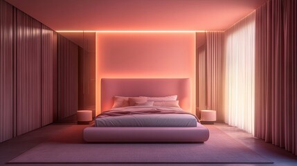 Modern romantic bedroom with pastel pink walls and decor, featuring a large bed and minimalist furniture for a calm, peaceful space.