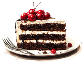 A slice of chocolate cake with white frosting and cherries on top on a white plate with a silver fork.