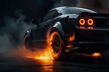 Sports Car Drifting Through Smoke and Fire at Nigh