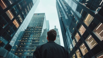 Man Looking Up at Skyscrapers