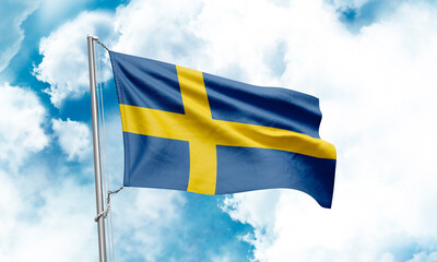 Sweden flag waving on sky background. 3D Rendering
