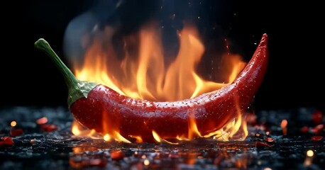 A fiery red chili pepper surrounded by flames. - Powered by Adobe
