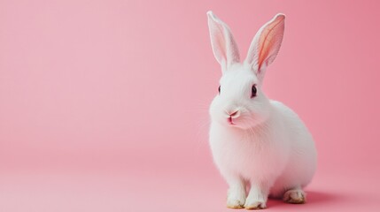 Obraz premium Stock minimalist photography of a white rabbit standing on a plain pink backdrop with bright studio lighting to emphasize the clean and fresh aesthetic