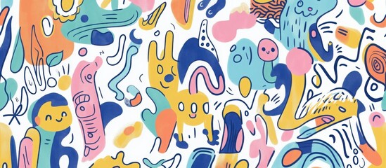 Hand-drawn, colorful doodles of joyful scenes and playful characters on a white background