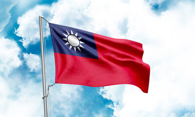 Taiwan flag waving on sky background. 3D Rendering