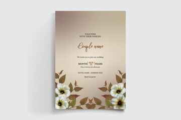 WEDDING INVITATION FRAME WITH FLOWER DECORATIONS AND FRESH LEAVES 