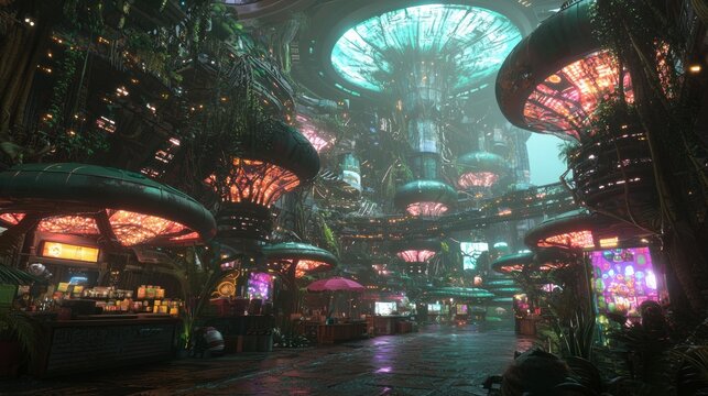 Extraterrestrial Marketplace in Sci-Fi Spaceship - Vibrant Alien Hub with Diverse Species and Animated Conversations, Ray Tracing Illustration