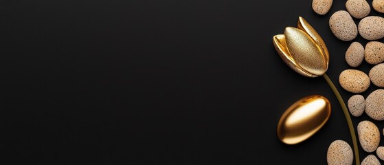 Elegant golden flower arrangement with pebbles on a sleek black background.
