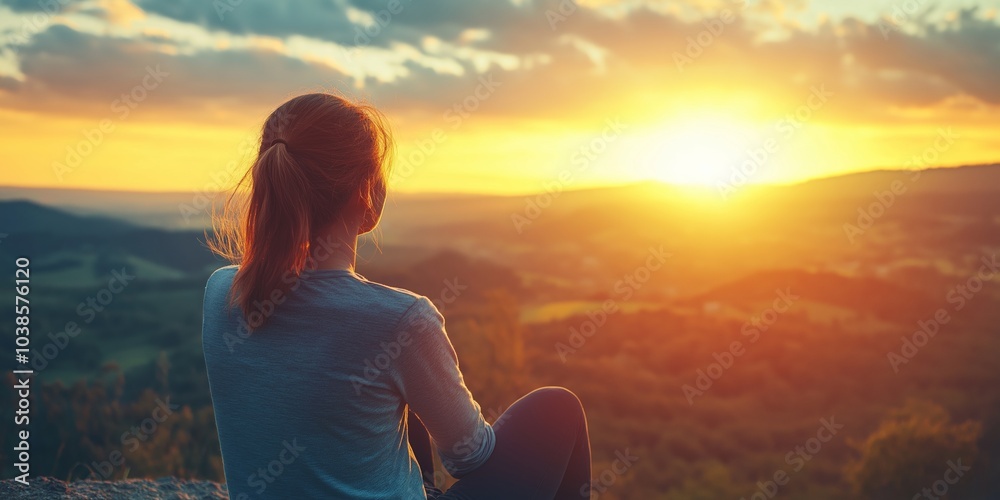 Wall mural a woman sits on a hill watching the vibrant sunset over a vast landscape, creating a moment of refle