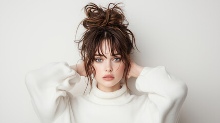 Fototapeta premium A stunning portrait of a young woman with a casual hairstyle and cozy sweater. Her expressive gaze captures warmth and elegance in a minimalist setting.