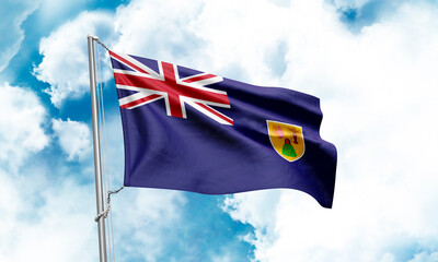 Turks and Caicos Islands flag waving on sky background. 3D Rendering