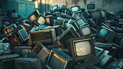 Old televisions devices pilled up on a junkyard