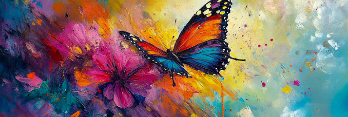 A vivid, colorful painting features a butterfly with striking orange, blue, and black wings resting on bright pink flowers. The background is an explosion of abstract splashes in yellow, blue, and whi