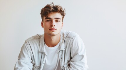 Obraz premium man, sitting, male, white, clean, fresh, handsome, generation z, clothing, fashion, casual, body care, hair care, acne care, idol, japanese, cool, cute, portrait, gravure, health care, body makeup, ae