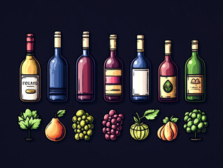 Colorful wine bottles with various fruits and leaves.