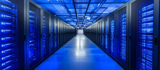 Data center room with servers in blue lights banner