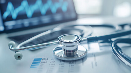 Laptop with stethoscope and medical documents. Healthcare insurance concept.