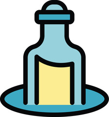 Glass bottle containing a message is floating on water, sealed with a cork lid, evoking the age old practice of sending messages across the seas