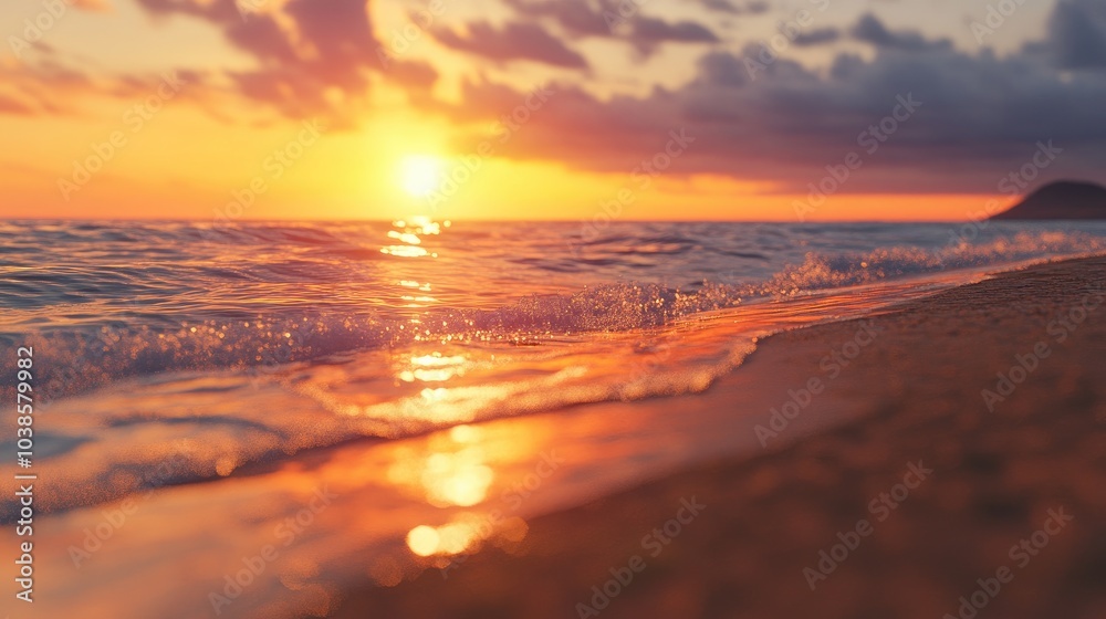 Poster Sunset at the beach, with orange and red reflections on the water and soft waves gently hitting the shore, under a lightly clouded sky.