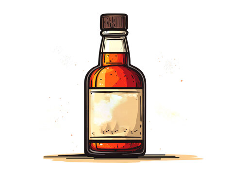 recommend clip art: Hand-drawn illustration of a glass bottle filled with amber liquid and a blank label.