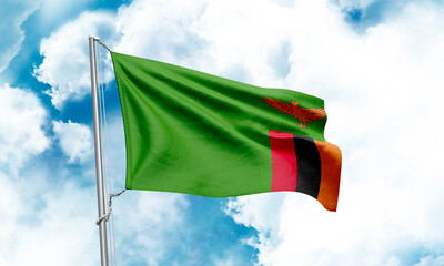 Zambia flag waving on sky background. 3D Rendering