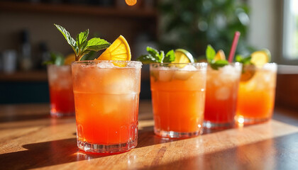 Fototapeta premium Three glasses of orange cocktail garnished with orange slices and mint leaves on a wooden surface