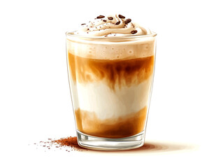 Iced coffee with whipped cream and chocolate sprinkles in a glass.