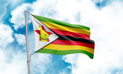 Zimbabwe flag waving on sky background. 3D Rendering